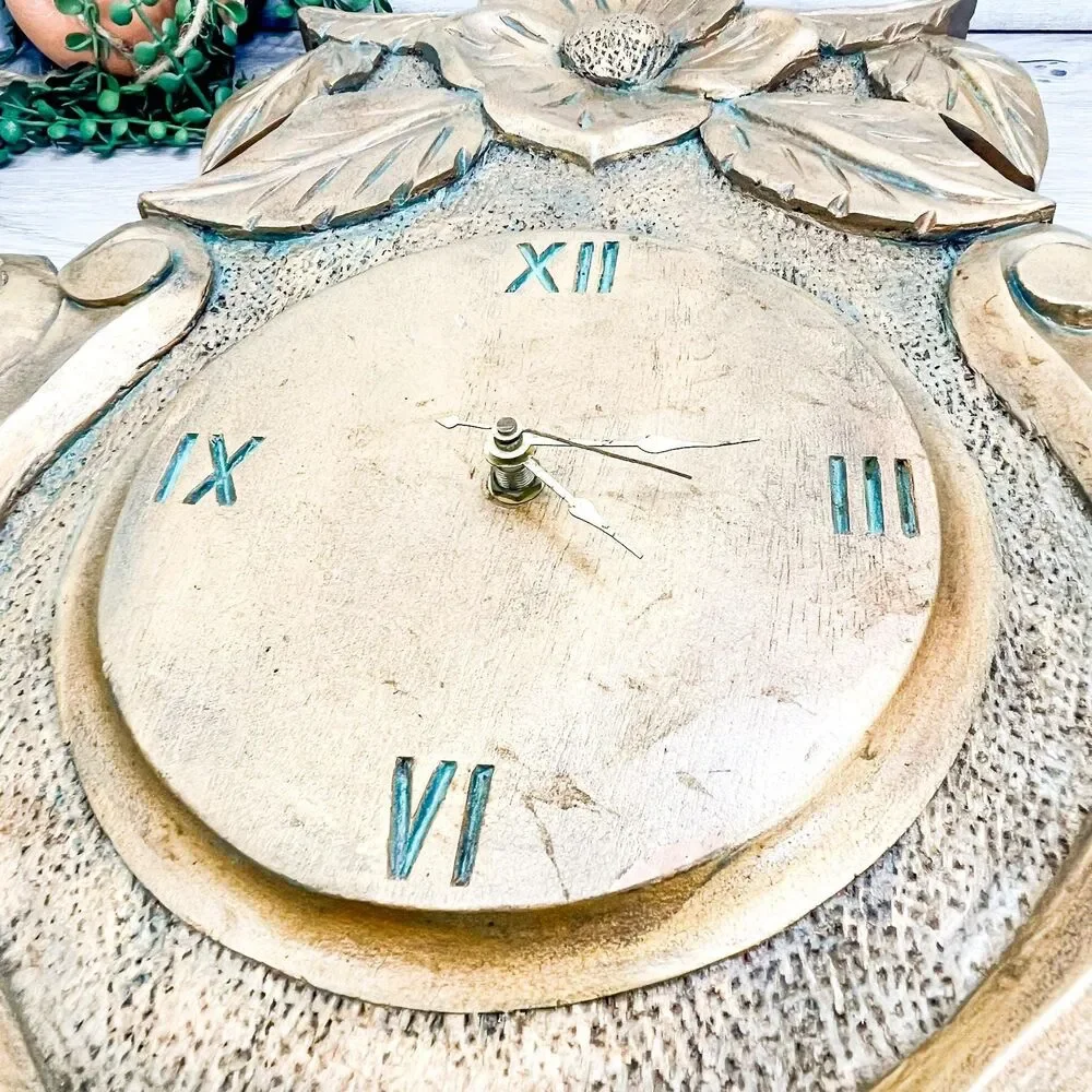 Large Gold Hand-Carved Wooden Floral Clock: Antique Wood Decor‎